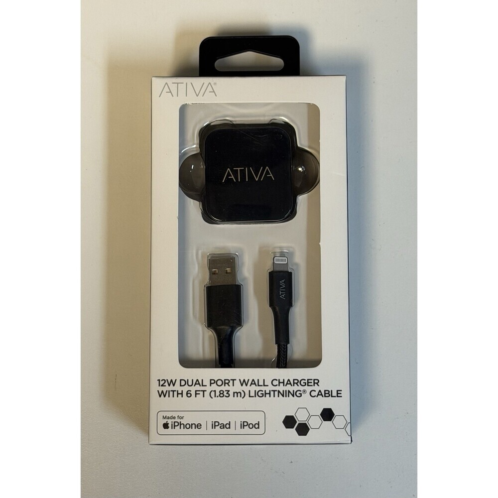 ATIVA ~ 12W Dual Port Wall Charger W/ 6FT Fast Charging Cable Black ~ NEW SEALED